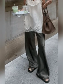 Women's Satin Silk Wide Leg Pants Low Waist Baggy Pants Lounge Bottoms Streetwear - 軍綠色 - 查看 2