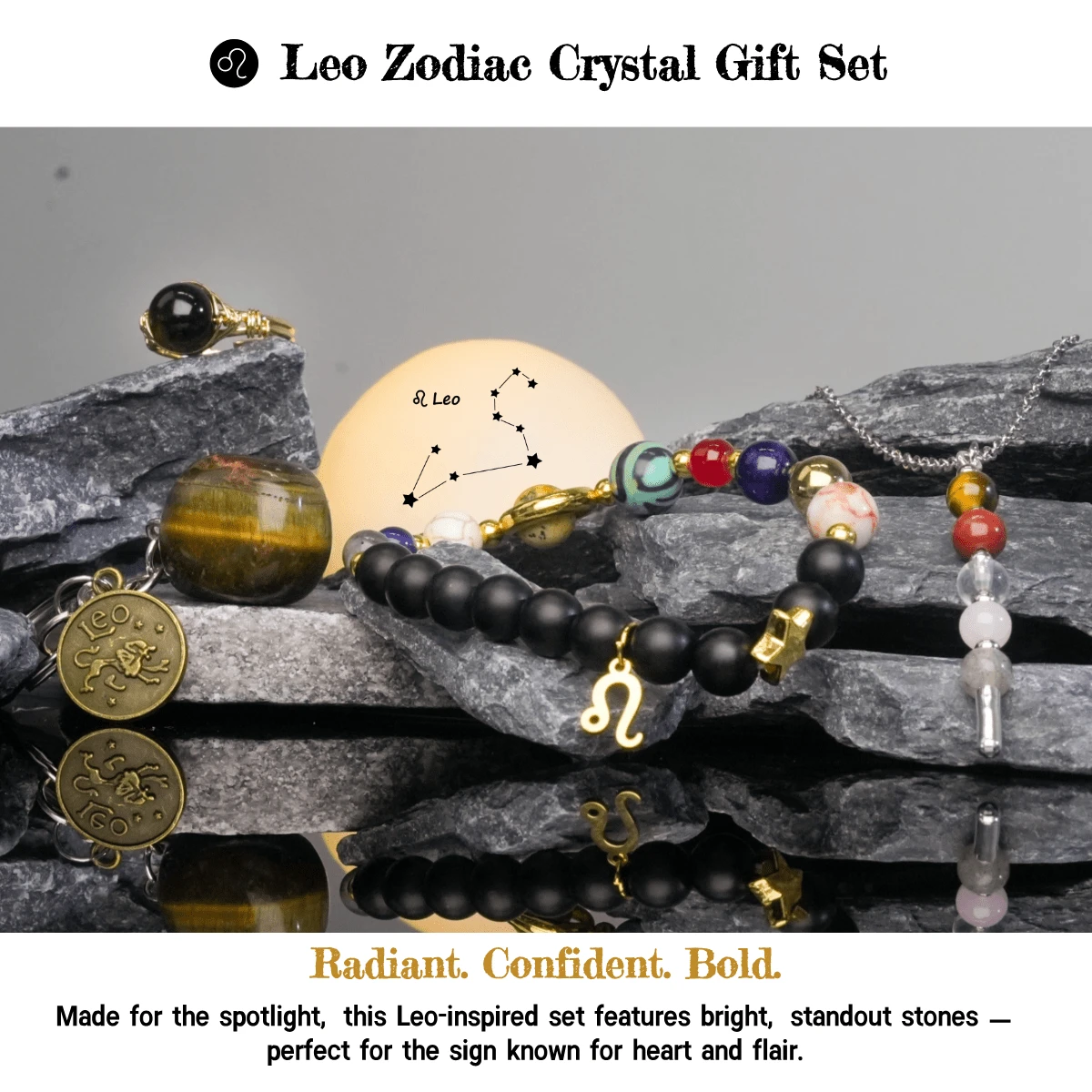 Leo 4-In-1 Zodiac Jewelry Gift Set For Women And Men Constellation Necklace Bracelet Ring And Keychain Perfect Birthday Christmas Valentines Gift Unique Choice Astrology Jewelryset - Black - View 1