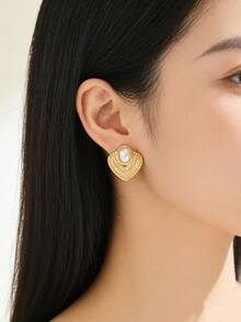 VceTd 1 Pair Elegant Oval Faux Pearl Asymmetrical Geometric Arc Textured Earrings, Low Allergy Jewelry With High-End Vibe, Suitable For Parties And Daily Wear - Yellow Gold - View 1