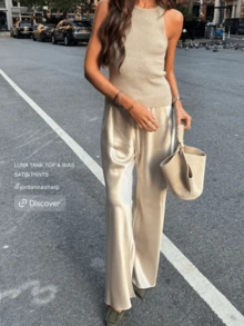 Women's Satin Silk Wide Leg Pants Low Waist Baggy Pants Lounge Bottoms Streetwear - 米色 - 查看 2