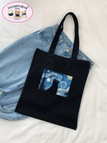 1 件黑色时尚猫和星空印花女士帆布手提包，便携式购物袋，适合旅行，轻便，便携，容量大，适合少女、女大学生，非常适合返校、大学、初中、高中 - 黑色 - 查看 1