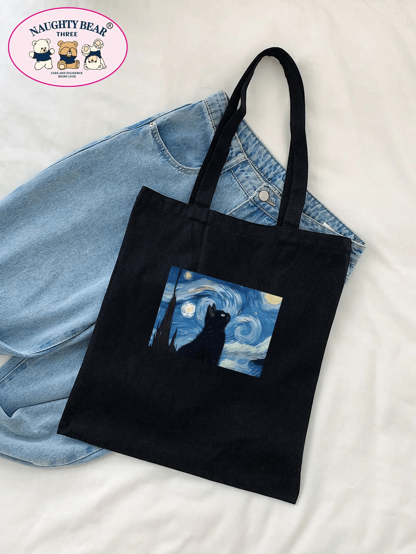 1 件黑色时尚猫和星空印花女士帆布手提包，便携式购物袋，适合旅行，轻便，便携，容量大，适合少女、女大学生，非常适合返校、大学、初中、高中 - 黑色 - 查看 1