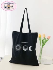 Bolso tote minimalista con patrón geométrico de lona compras - Negro - Ver 8