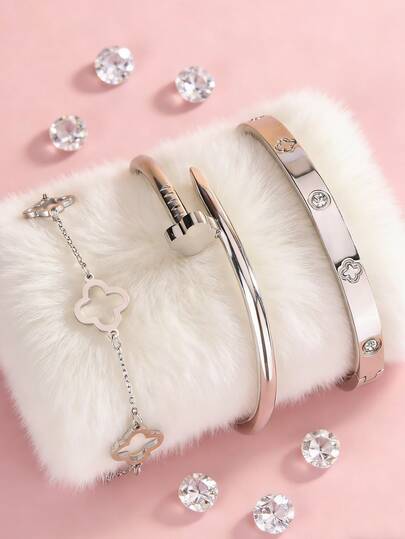 1pc Elegant Stainless Steel Bracelet With Crystal Glass & Four-Leaf Clover Elements, Suitable For Women's Personal Style Or As A Gift For Occasions