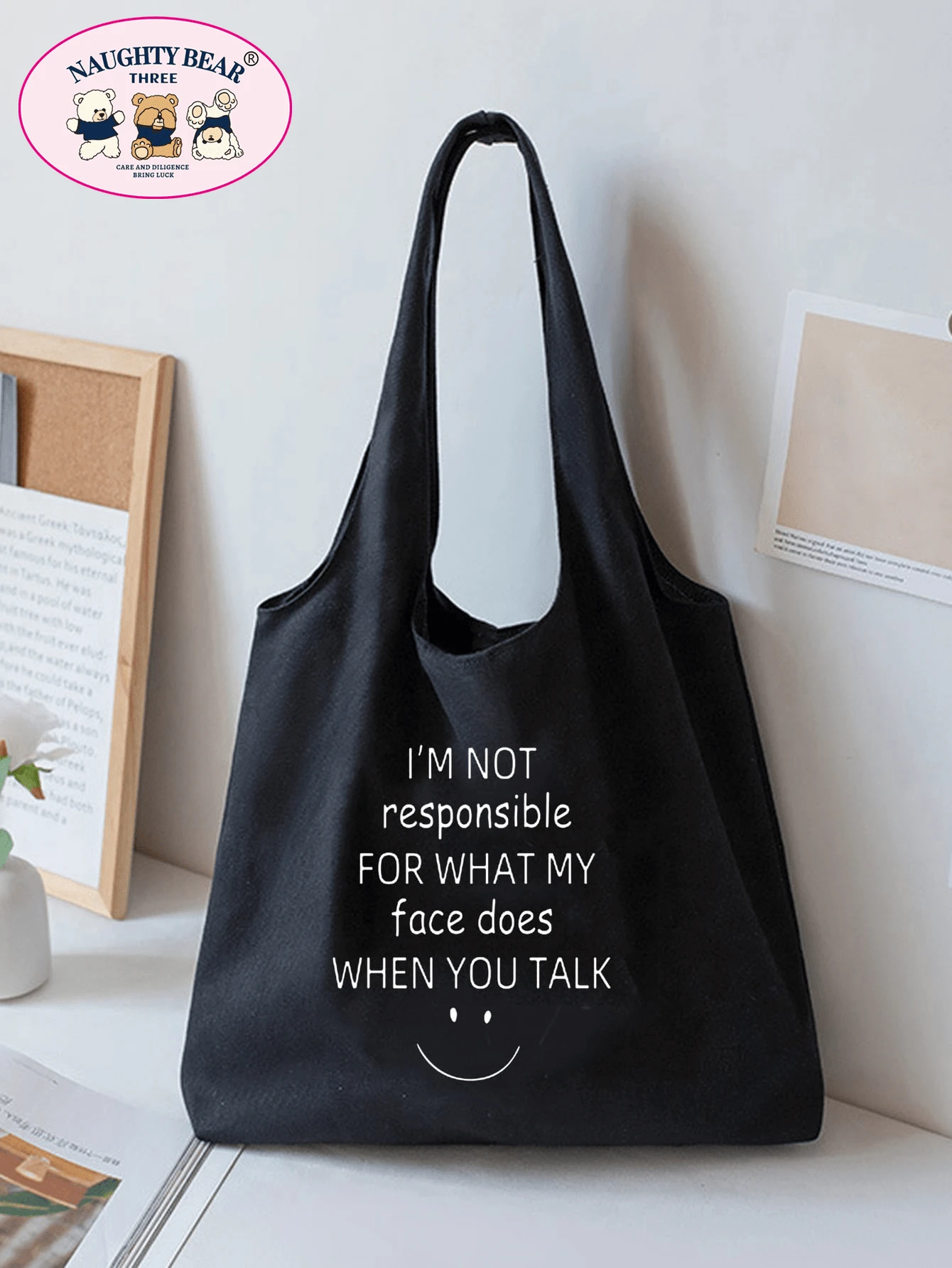 Fashionable Canvas Tote Bag With Letter Print - Black - View 1