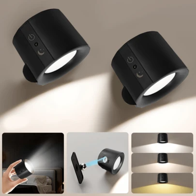 2个/1个LED双面发光磁吸壁灯，LED双面磁吸柜灯，360°旋转，USB充电，三级调光，触摸和遥控，LED床头灯，室内照明，适用于客厅、卧室、走廊、床头，现代壁灯装饰，家居装饰照明，走廊照明，卧室装饰，现代装饰，展厅照明