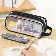 Large Mesh Pencil Case 2 Compartments, Transparent Handheld Multi-Function Pencil Bag, Transparent Makeup Bag, Suitable For Teenagers, Students, College, Business, Travel, Office, Adults - Pink, Black, Multiple Colors Available - Multicolor - View 7