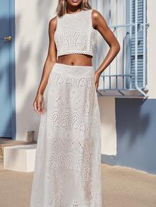 Women's 2 Piece Skirt Outfits Sleeveless O Neck Eyelet Tank Tops Long Flowy Skirt Set - trắng - Xem 3