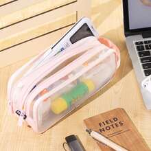 Large Mesh Pencil Case 2 Compartments, Transparent Handheld Multi-Function Pencil Bag, Transparent Makeup Bag, Suitable For Teenagers, Students, College, Business, Travel, Office, Adults - Pink, Black, Multiple Colors Available - Multicolor - View 3
