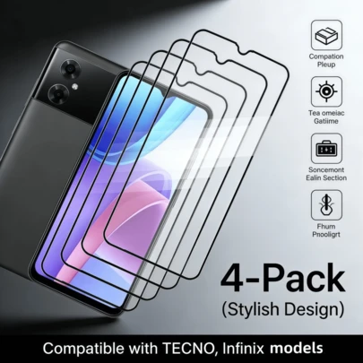 4片装：优质钢化玻璃屏幕保护膜，适用于Infinix Note 11i、A70、Camon 18t、G200 5G、POVA 6 NEO、POVA 5 PRO、SPARK 10 PRO、HOT 30 5G、HOT 30、HOT 12 PLAY、P40+、Camon 17 Pro、SPARK 8 PRO、SPARK 20P、SPARK 20C、POP 8、P55、P55+、SMART 7T、P40、SMART 7等传音手机。兼容Infinix全屏高清透明防刮防碎，易于安装，无气泡。