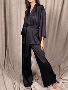 Spring And Autumn Satin Cardigan Tie-Waist Pajamas Set, Solid Color Home Wear, Slim Fit Women's Pajama Two-Piece Set - Black - View 2