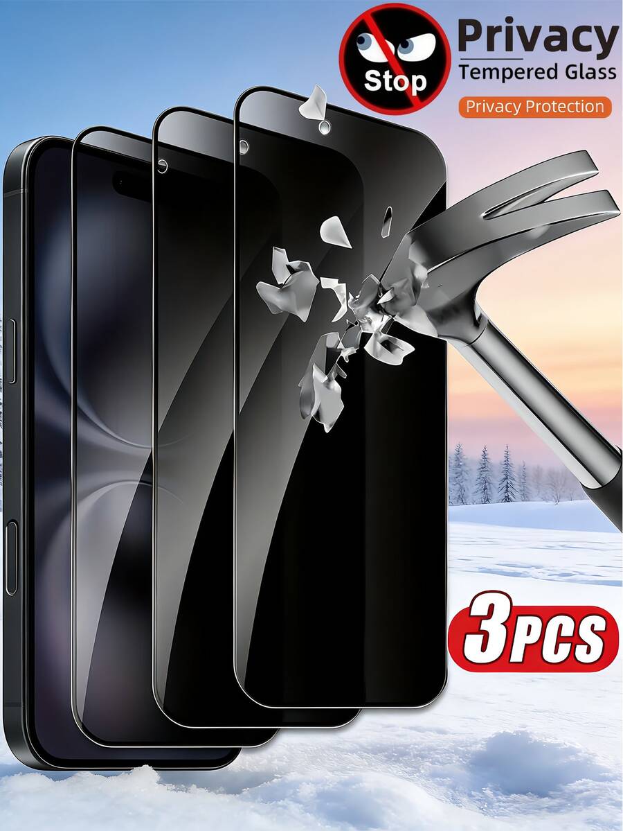 3片装隐私钢化玻璃屏幕保护膜，9H硬度，高铝丝网印刷，防爆防刮，防窥视，适用于办公室/地铁等场所，兼容 17 Pro Max、16、15、14、13、12、11系列，无气泡 - 黑色 - 查看 1