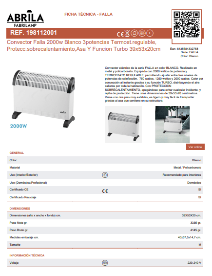 Avant ABRILA Convector Falla 2000W White 3 Power Settings, Adjustable Thermostat, Overheat Protection, Handle, And Turbo Function 39x53x20cm GUARANTEED QUALITY - EU F Type Plug(220-240V) - View 5