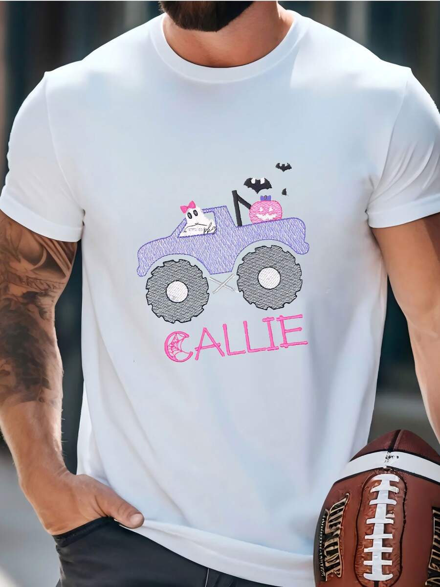 Mens Girl's Halloween Monster Truck - Ghost - Pumpkin - Pink Purple - Bats - Personalized Name - Monster Jam - Fall Holiday Shirt T-Shirt - 白色 - 查看 1