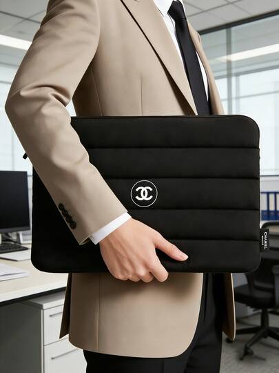 CHANEL Laptop Bag, Black Quilted Design, Horizontal Stripes, Padded Protection, Portable, Commuter Bag