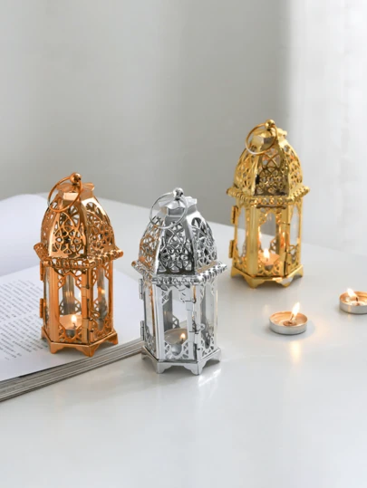 Moroccan Style Hollow Projection Iron Candle Holder Lamp, Vintage Candle Holder With Transparent Glass Panel, High-End Moroccan Style Metal Lantern, Suitable For Events, Parties, Yards, Indoor And Outdoor Occasions, Ramadan, Gatherings And Weddings. Easy To Install. [Candles Not Included]