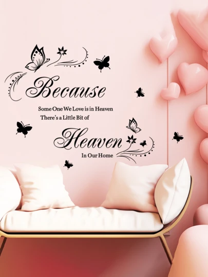 1pc "Because" Butterfly Motto Wall Sticker, Removable Self-Adhesive For Bedroom, Living Room, Study, Home Decor