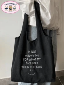 Fashionable Canvas Tote Bag With Letter Print - Black - View 6