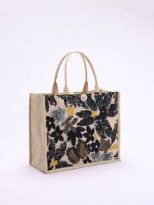 1 chiếc túi tote vải lanh phối lưới đính sequin nhiều màu sắc, thiết kế thêu hoa lá thời trang, túi đeo vai vuông dung tích lớn, túi mua sắm đi biển thường ngày (Họa tiết hoa được phân bố ngẫu nhiên) - màu đen - Xem 5