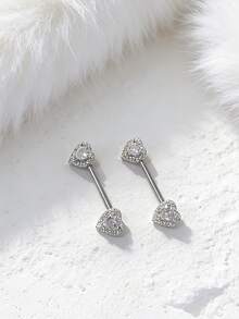 2pcs Elegant Sparkling Cubic Zirconia Heart, Flower, Butterfly, Moon Hoop Earrings, Stainless Steel Barbell Nipple Rings Body Piercing Jewelry - Silver - View 2