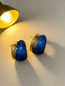 不对称珐琅滴落拼接金属质感耳环，女士款，独特304不锈钢设计 - 不規則滴油 - 查看 14