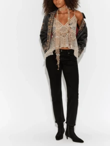Women's Y2K Sparkly Sequin Tank Top Beaded Sheer Mesh Cami V Neck Party Rave Top - 杏色 - 查看 4