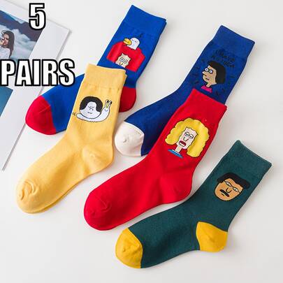 5双男士彩色卡通图案中筒袜，创意设计，时尚百搭