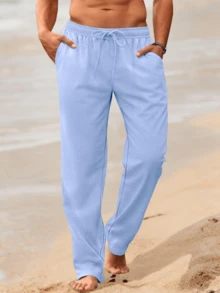 Men's Casual Loose Fit Linen Trousers, Elastic Waist Drawstring Lightweight Pants For Summer Beach & Yoga Wear - 天藍色 - 查看 2