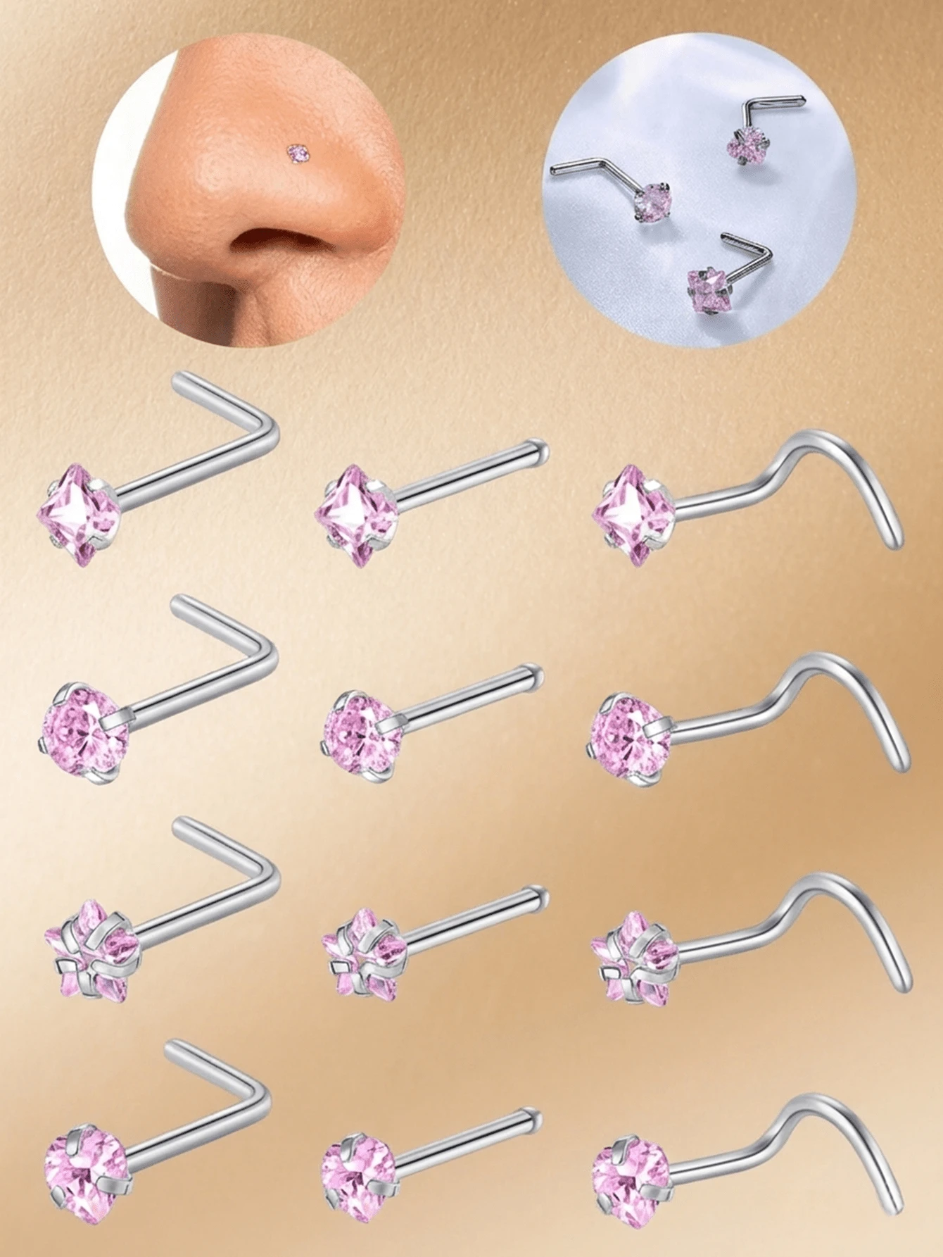 CIZME 1PC Nose Rings Studs Nose Studs Nose Rings, 18G 7mm Stainless Steel Cute Nostril Nose Piercing Jewelry Nose Screw Studs Nose Studs For Women, Pink CZ Round Square Star Heart CZ Bone Screw L Shaped Nose Studs - Nose Stud - View 1