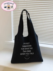 Fashionable Canvas Tote Bag With Letter Print - Black - View 2