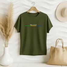 Women's Plus Size Printed T-Shirt Brazil Cup Brazilian Championship 100% Premium Cotton Summer Gym Workout Blouse Brazilian Shirt - xanh quân đội - Xem 2