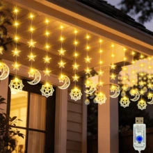 1串星月灯串，80颗LED灯珠，USB供电，8种模式，室内闪烁星月窗帘灯，适用于卧室、墙壁和窗户装饰，是斋月、生日派对和家居装饰的完美选择。 - USB - 查看 2