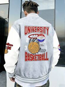 1pc Boys/Teens' Fashionable American Hip-Hop Casual Baseball Jacket, Autumn/Winter - Grey - View 1