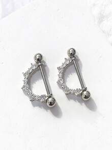 2pcs Elegant Sparkling Cubic Zirconia Heart, Flower, Butterfly, Moon Hoop Earrings, Stainless Steel Barbell Nipple Rings Body Piercing Jewelry - Silver - View 7