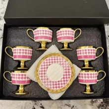 1/6pcs Vintage Plaid Gold Rim Ceramic Coffee Cup & Saucer Set, 3.04oz/90ml, Pink Black Gold, Elegant Coffee Cup Saucer For Women Men Couples, Suitable For Turkish Arabic Espresso, Latte, Black Tea, Cappuccino, Tea Party, Afternoon Tea, Creative Office Water Cup/Home Breakfast Milk Cup, Arabic Coffee Cup - Festival Gift, Party New Year Wedding Personalized Gift, Home Living - Multicolor - View 15