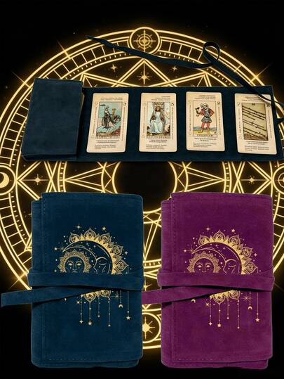 1Pc Velvet Tarot Card Organizer Bag Features An Exquisite Sun And Moon Design In Two Shades Of Blue And Purple. It Has A Drawstring Closure, A Soft Fabric Cover, And Is Portable And Easy To Use. It Can Be Used As A Card Holder, Tarot Card Holder, Card Holder, Or A Fabric Cover For Items Such As Tarot Cards, Oracle Cards