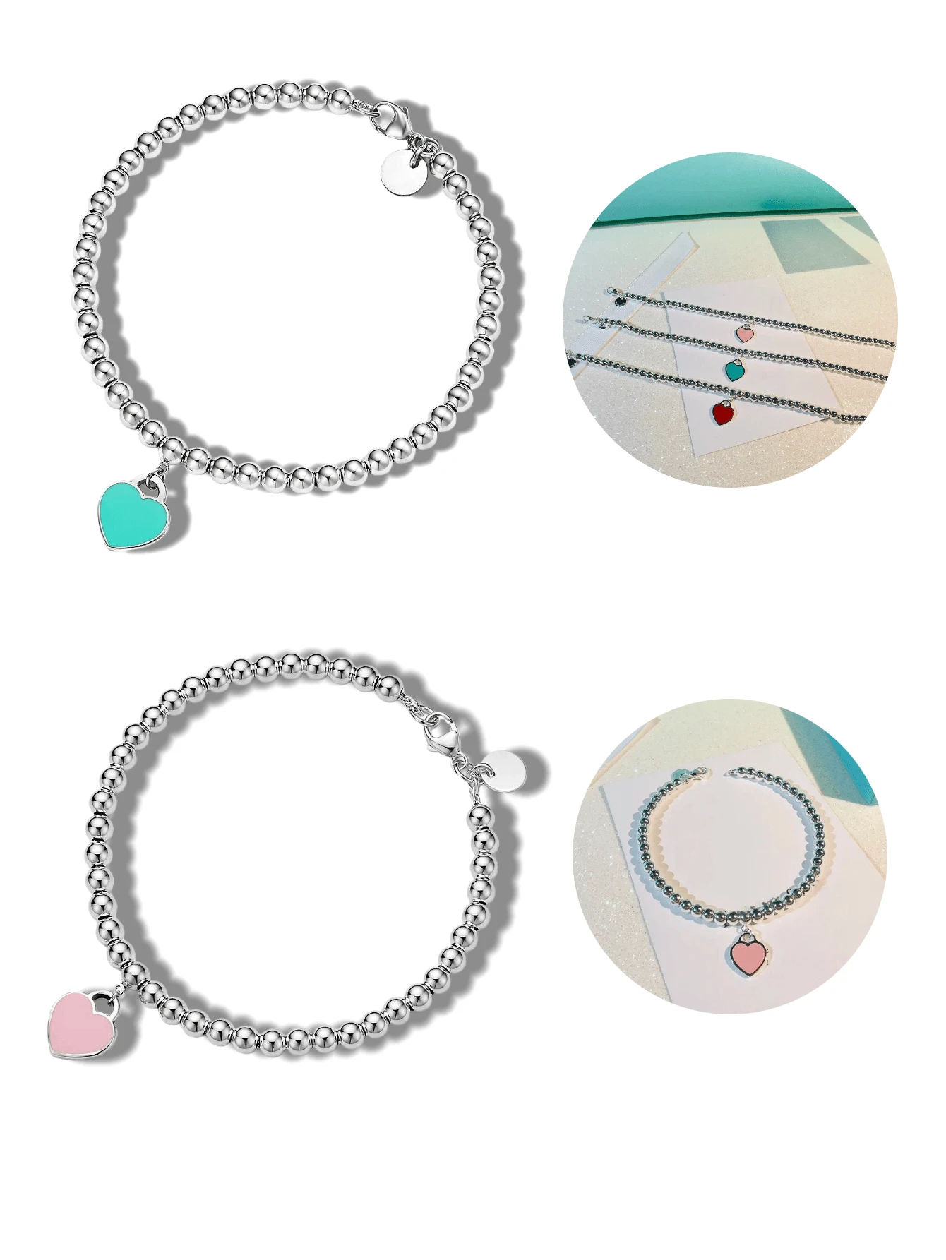 Pulsera de cuentas de plata esterlina S925 con etiqueta de corazón, rosa y azul clásico, diseño sencillo, pulsera de joyería de moda para mujer, regalo navideño - rosa - Ver 1
