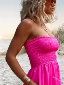 Imily Bela Womens Strapless Rompers 2026 Ruched Tube Top Wide Leg One Piece Jumpsuits Beach Vacation Summer Outfits - 玫紅色 - 查看 5