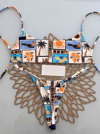 2 piezas Conjunto de bikini casual, elegante y sexy con estampado de leopardo y estrella bohemio, con recorte de encaje y crochet en contraste para traje de baño de playa, primavera/verano