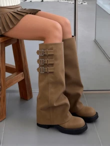 Fashion Womens Knee High Boots Round Toe Buckle Straps Slouchy Chunky Heel Boots Party Office Daily Outdoors Fall Winter Dressy Boots - 棕色絨面 - 查看 2
