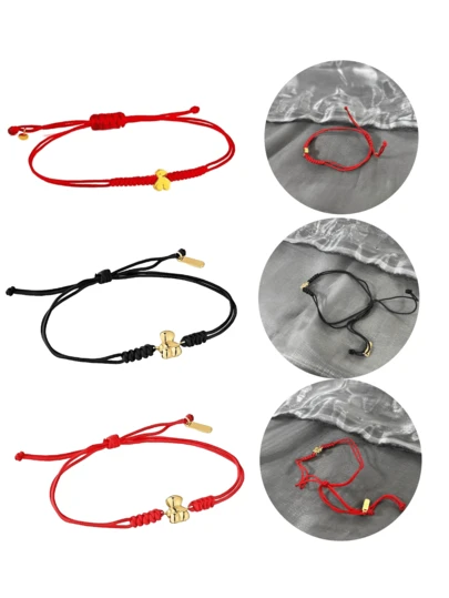 Pulsera de cuerda de osito de peluche de plata esterlina S925, linda, roja y negra, cuerda ajustable, diseño simple, pulsera de joyería para mujer, regalo navideño.