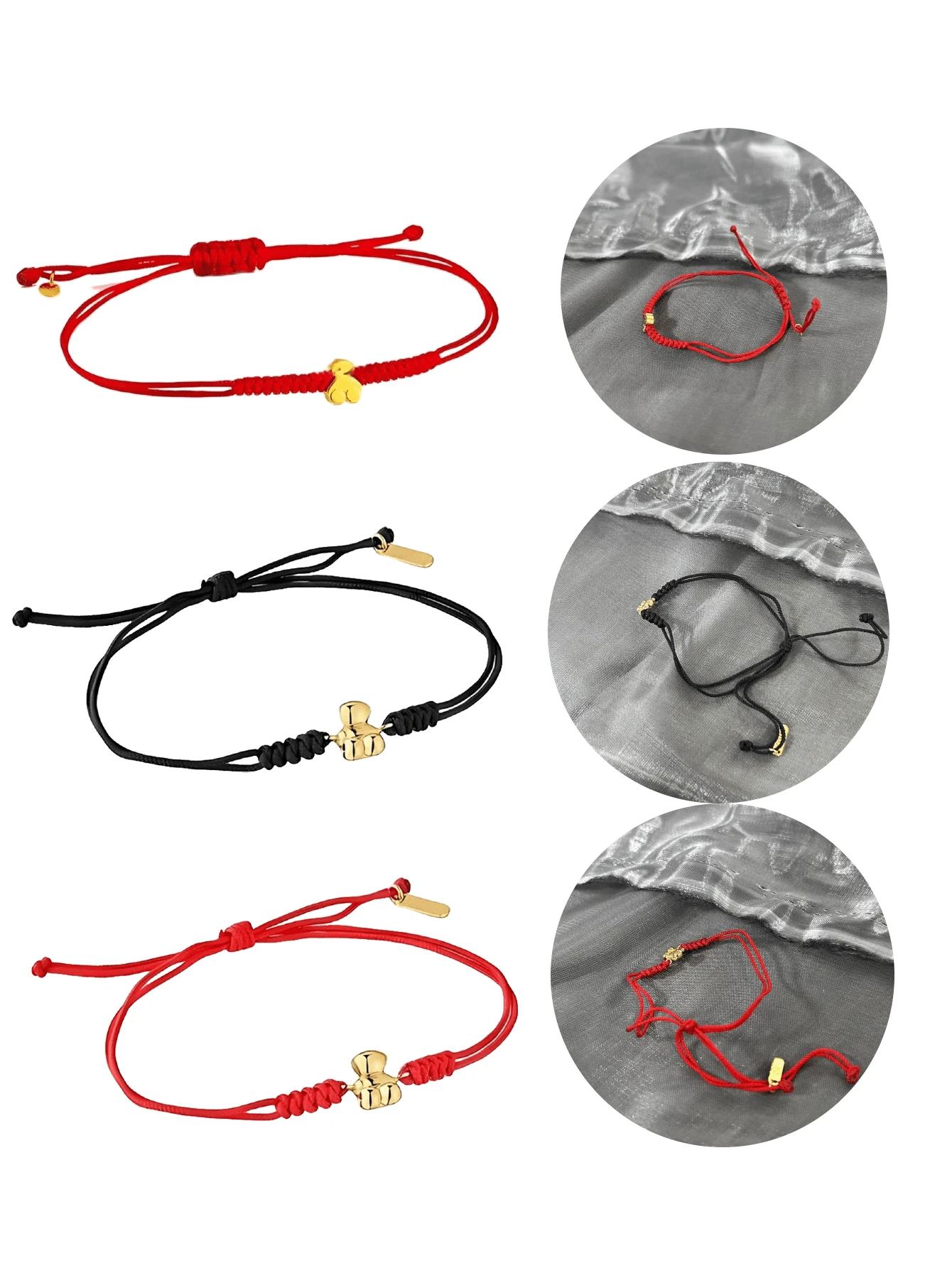 Pulsera de cuerda de osito de peluche de plata esterlina S925, linda, roja y negra, cuerda ajustable, diseño simple, pulsera de joyería para mujer, regalo navideño. - Negro 3D - Ver 1