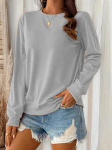 Soft & Cozy Long-Sleeve Top For Early Spring – Smooth Fabric With Subtle Textures, Relaxed Fit Perfect For Casual Outings. Lightweight Yet Warm, Ideal For Layering Or Wearing Alone. Flattering Crew Neck Design Complements Any Bottoms. - 灰色 - 查看 3