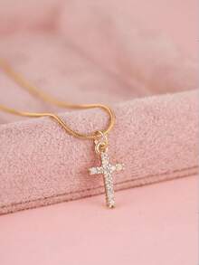 FICCINO 女童款迷你十字架镀金立方氧化锆吊坠项链，搭配钛钢镀金蛇骨链和不锈钢镀金饰品，长度可调节。适合作为圣诞礼物或节日礼物。附赠精美礼盒。 - 45n - 查看 4