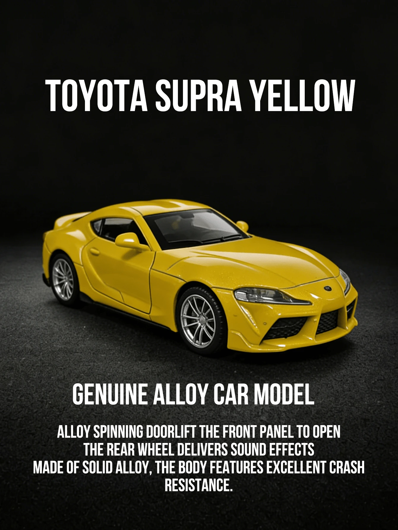 1:38 比例合金仿真丰田 Supra 跑车模型，黄色车身，尺寸 4.5 英寸，拥有标志性的 Supra 赛车轮廓和精细的外观线条，采用优质合金材料制成，小巧精致，引人注目，适合摆放在桌面、书架或展示柜上，是 JDM 车迷和模型车收藏家的理想之选，也是生日、节日和周年纪念日送给男士的完美礼物。