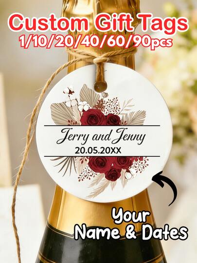 1/10/20/40/60/90pcs Personalized Flower Thank You Gift Tags With Text & Date, Custom White Favor Tags For Wedding, Bridal Shower, Engagement Party, Birthday, Baby Shower, Mother's Day, Graduation, Anniversary Gift Wrapping And Party Decorations