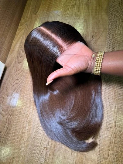 26 Inch 200% Density 13x4 Brown Color Straight Lace Front Wig Human Blended Hair Pre Cut HD Lace Front Human Blended Hair With Fiber Wigs No Glue Straight Hair Glueless Human Blended Hair Wigs With Natural Hairline Wear And Go Glueless Wigs Bone Straight #4 Human Hair Pre Plucked Ear To Ear