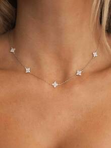 1 件水钻四叶草链项链，简约锆石幸运四叶草 O 形锁骨链项链，优雅百搭的配饰，适合女性和女孩 - 金色 - 查看 3