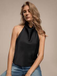 HZXVIC Áo kiểu nữ màu trơn mới, gợi cảm, hở lưng, cổ yếm, thích hợp cho hẹn hò, tiệc tùng, màu đen mùa hè. - màu đen - Xem 5