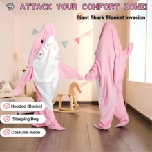 Shark Onesize Adult Kigurumi Wearable Blanket With Hood, Soft Cozy Flannel Sleeping Bag, Cute Funny Costume For Cosplay - 粉色 - 查看 1